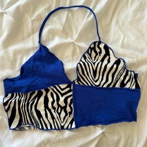 SHEIN Blue and Zebra Print Halter Crop Top